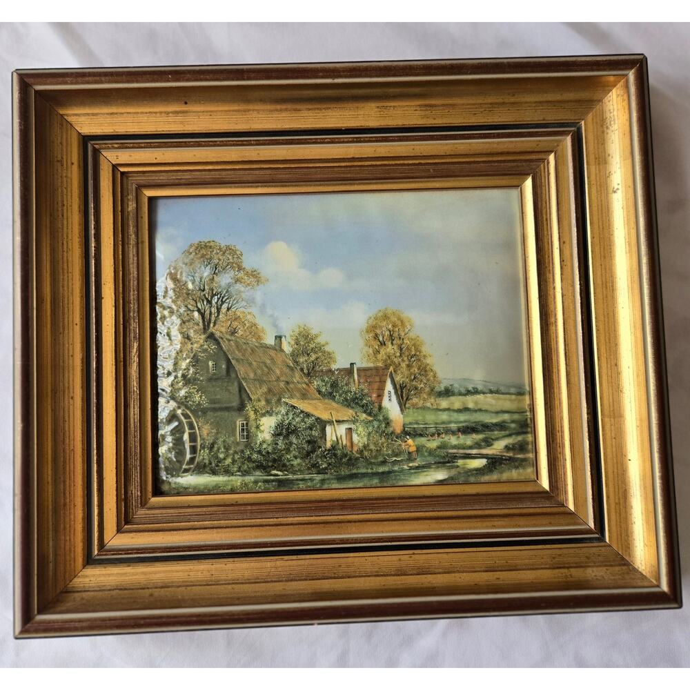 Vintage Framed Countryside Porcelain Bubble Artwork CottageCore ECOLE ALLEMANDE - Picture 1 of 4